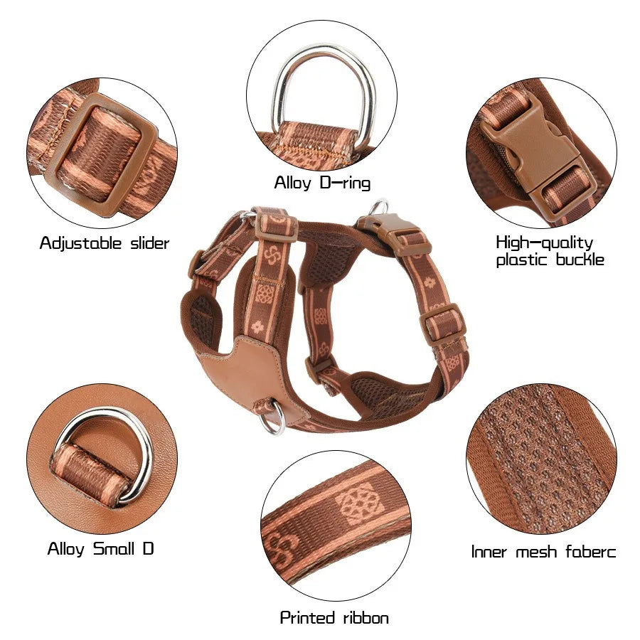 Brown dog harness with detailed features on a white background