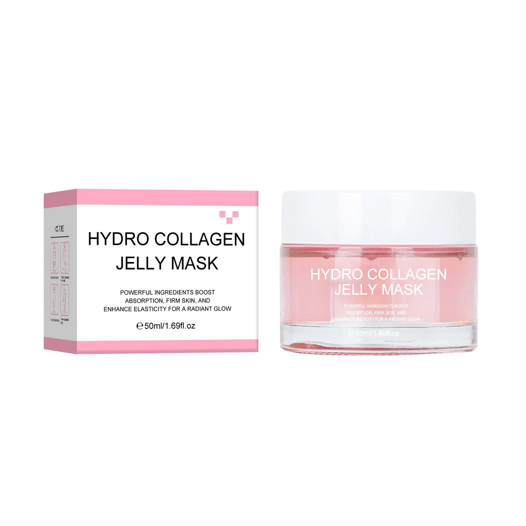 A skincare product set featuring a pink and white box and a clear jar of Hydro Collagen Jelly Mask by Beauty Creations, shown on a solid white background.