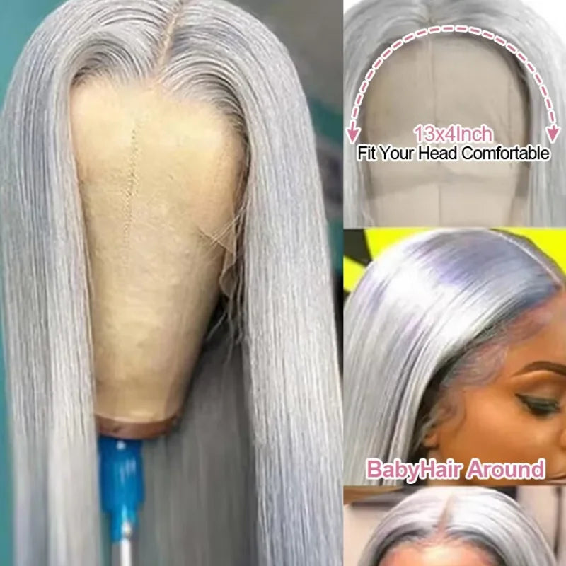 Gray lace front wig with measurements and baby hair feature, worn by a person.
