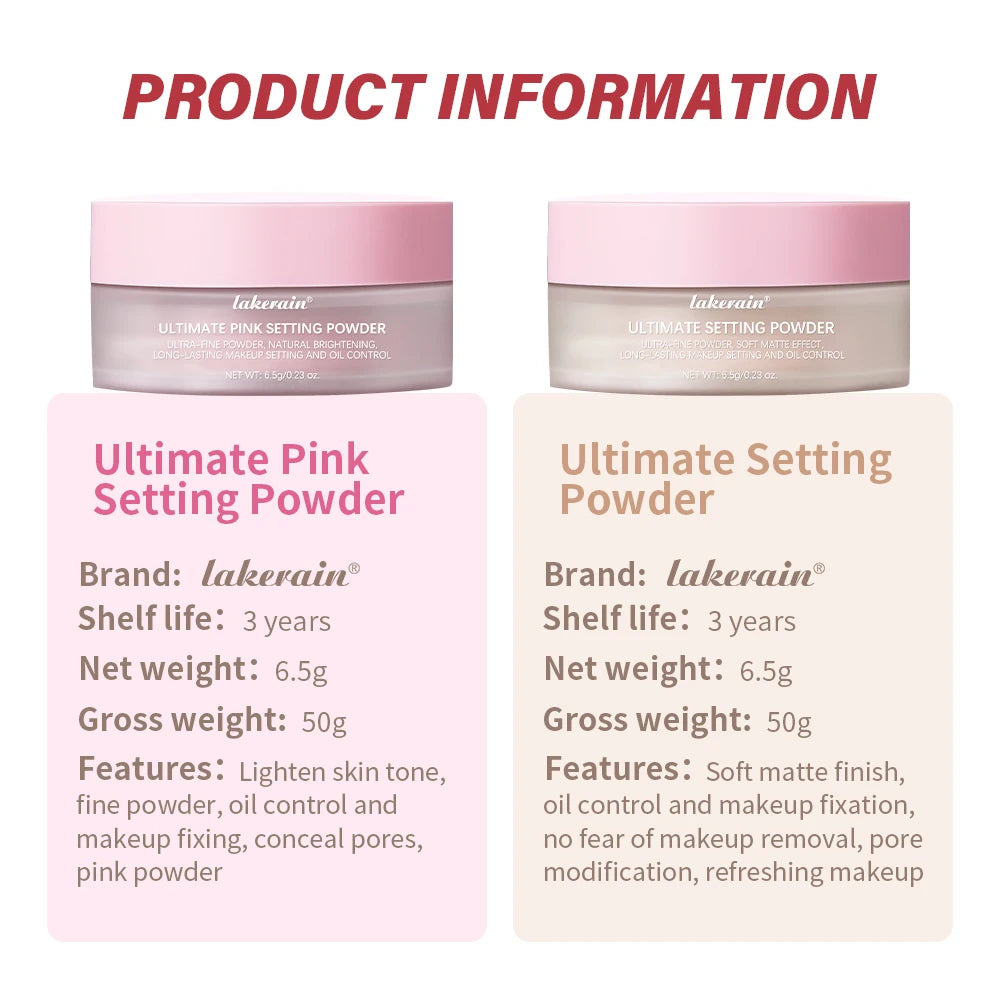 Two jars of lakerain Ultimate Pink Setting Powder with product information on a white background.