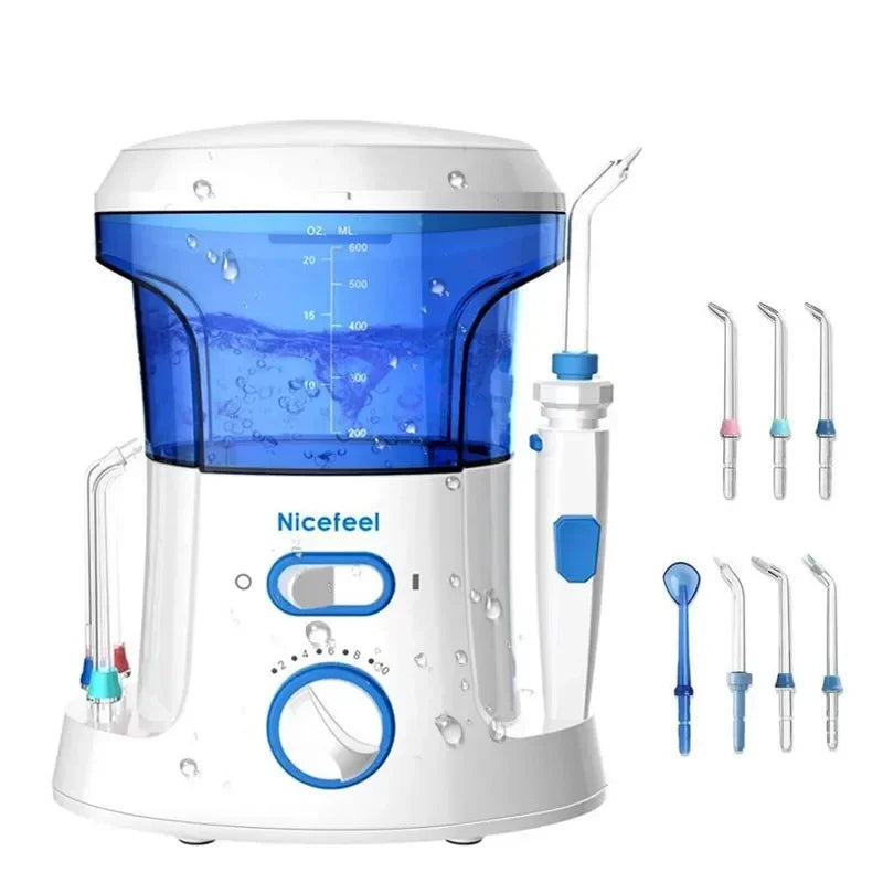White and blue dental water flosser with multiple nozzles on a white background