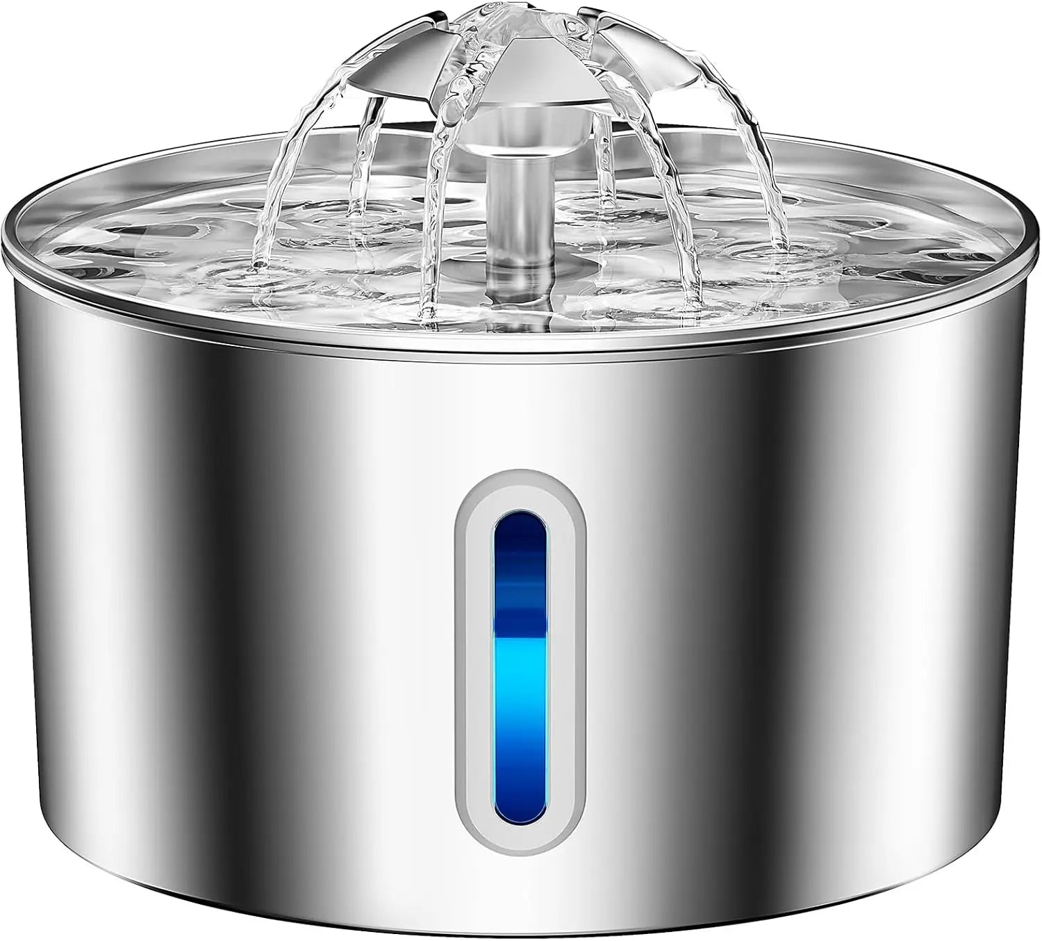 A stainless steel pet water fountain with a clear water reservoir and a vertical blue LED indicator light on the front, shown against a solid white background.