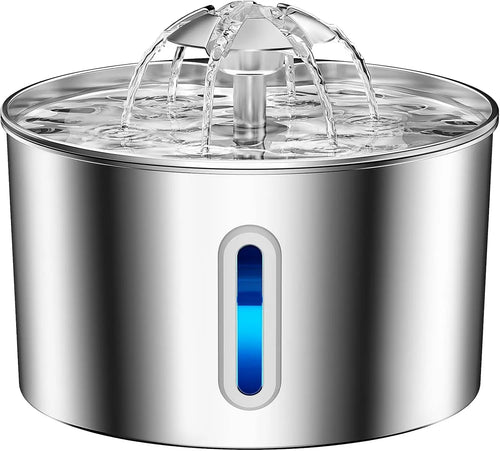 A stainless steel pet water fountain with a clear water reservoir and a vertical blue LED indicator light on the front, shown against a solid white background.