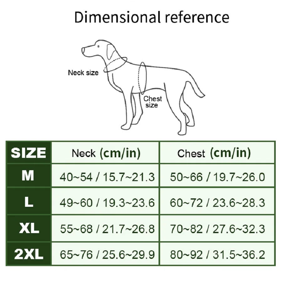 Dog size chart with dimensional reference for neck and chest measurements.