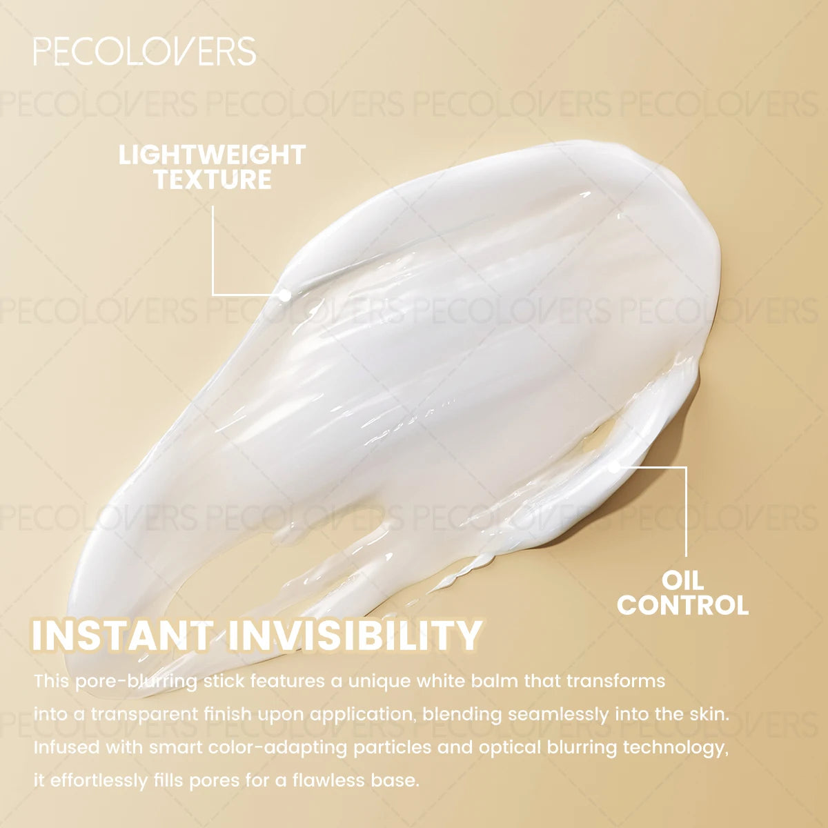 White balm stick on a beige background with text highlighting features