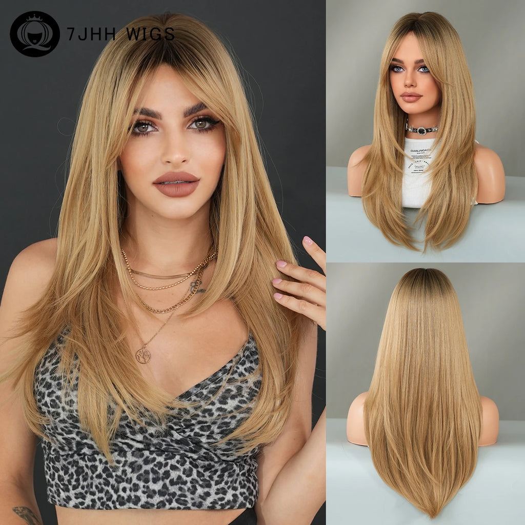 Three-panel product photo of a long straight wig with highlighted blonde tones and dark roots. The left panel shows the model wearing the wig, with the face blurred.