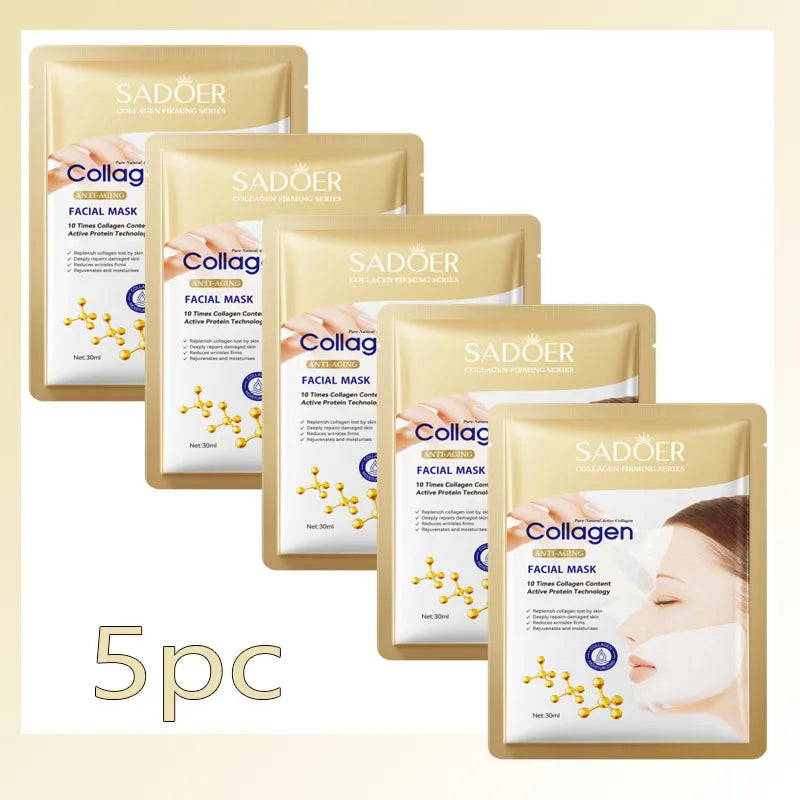 Five packages of SADOER Collagen Facial Mask on a light beige background