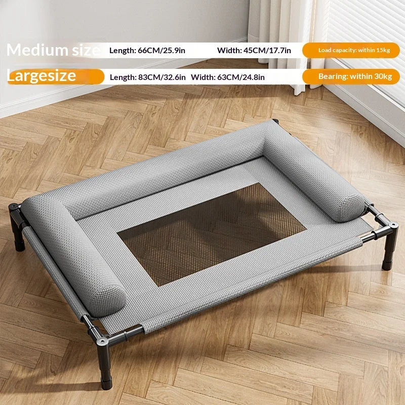 Pet bed with dimensions displayed on a wooden floor