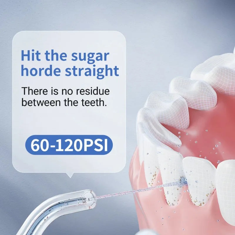 Illustration of dental cleaning with text about pressure levels and residue removal.