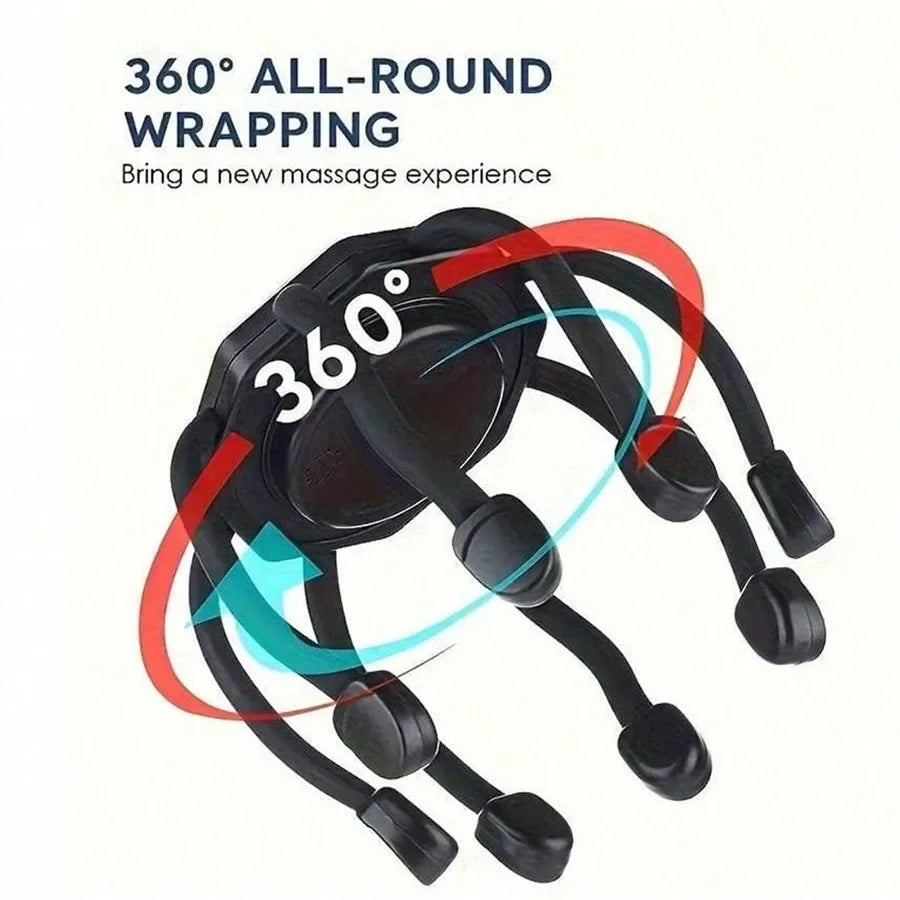 Black massage device with colorful straps on a white background, featuring text about 360-degree wrapping.