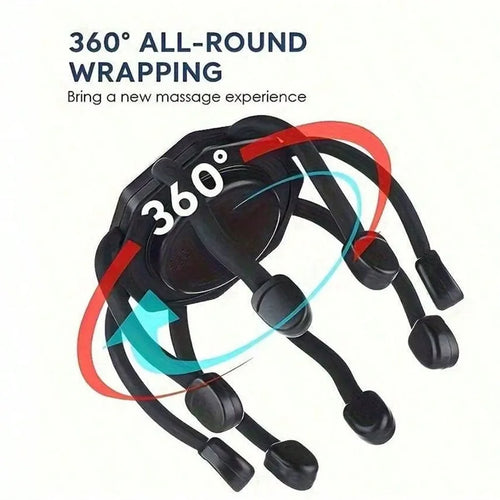 Black massage device with colorful straps on a white background, featuring text about 360-degree wrapping.