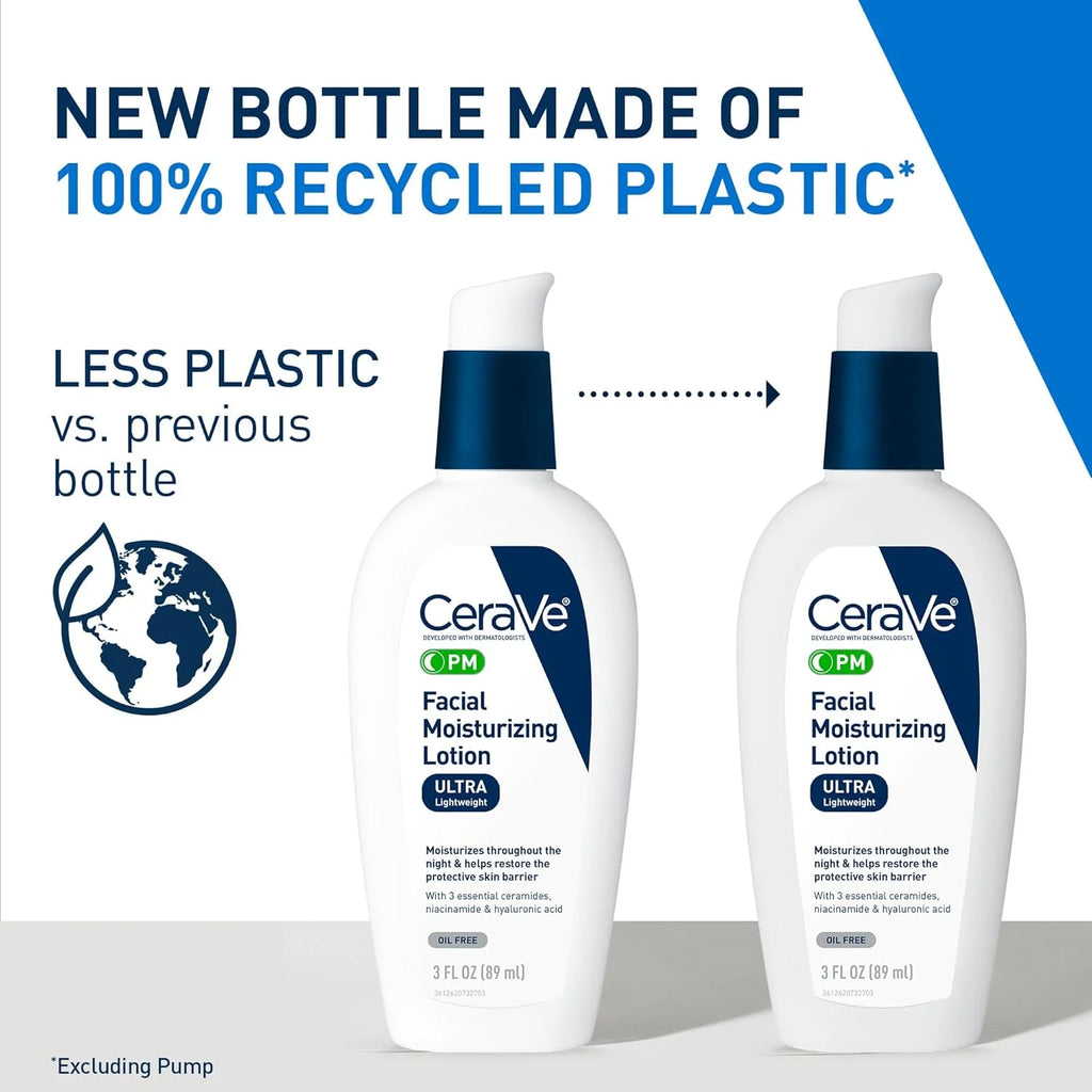 CeraVe facial moisturizing lotion bottles with recycled plastic message