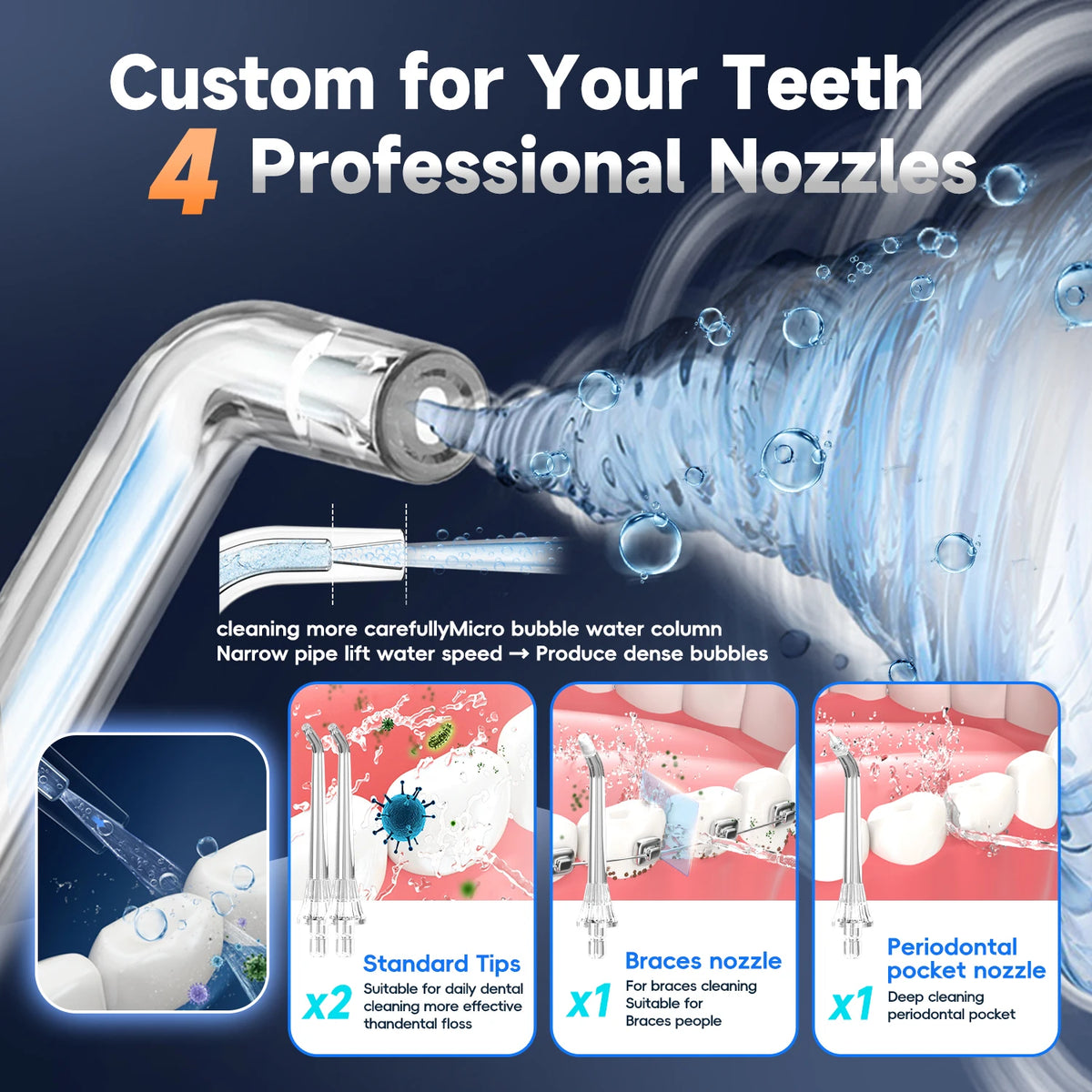 Dental water flosser with nozzles and cleaning features on a dark background