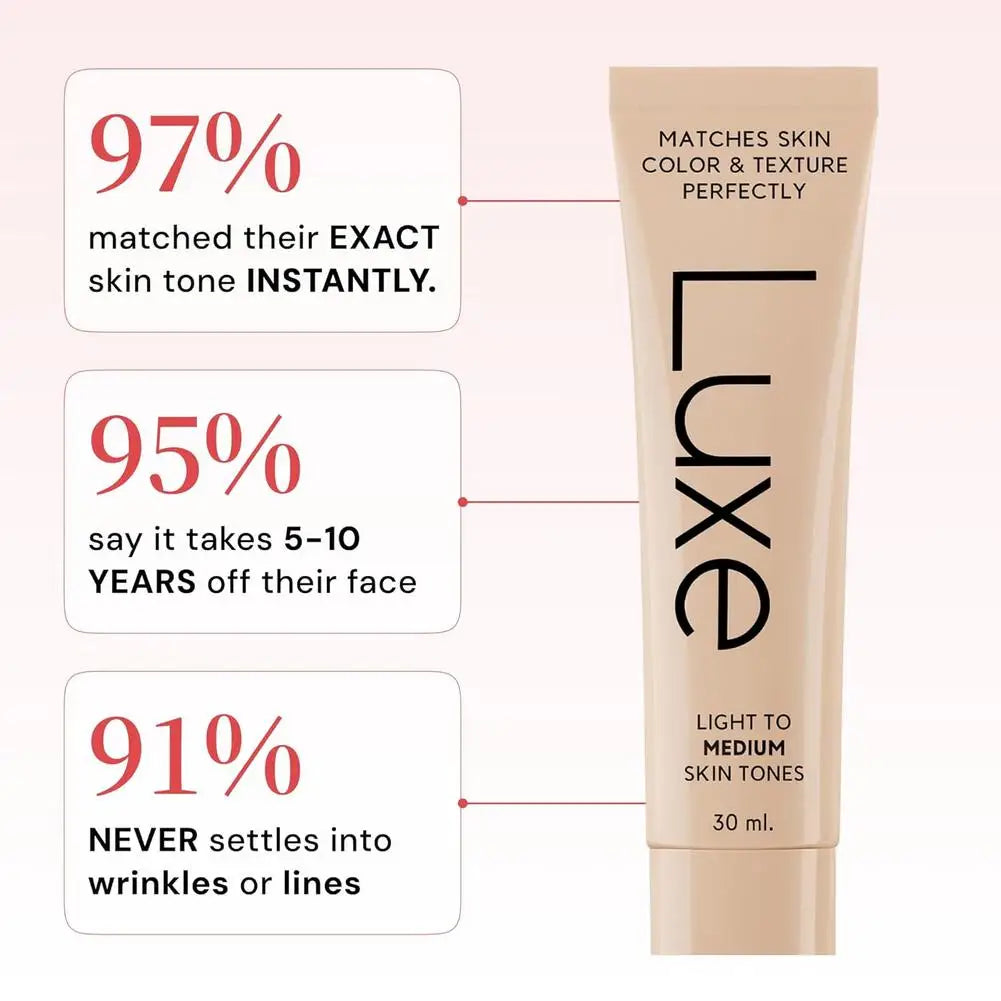 Luxe skincare product with text highlighting user satisfaction on a pink background