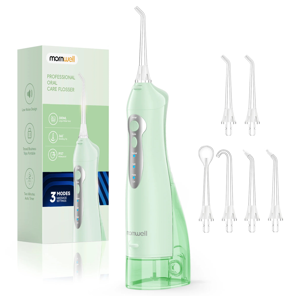 Mornwell D52 Cordless Water Flosser | 3 Modes | 6 Nozzles | 300ml | IPX7 | 30-Day Battery