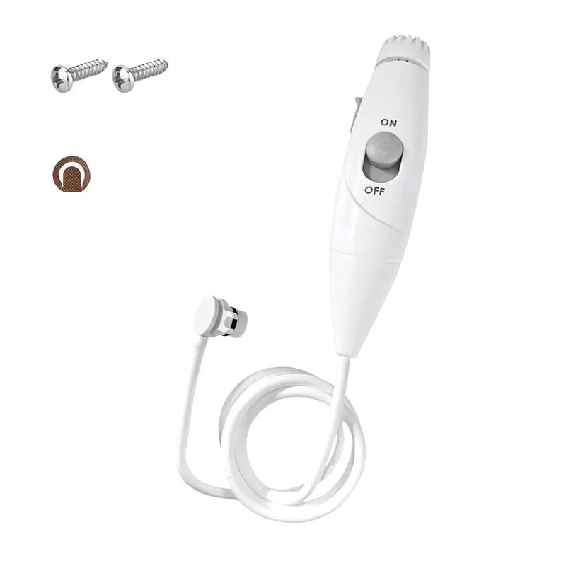 White electronic device with on/off switch and cable on a white background