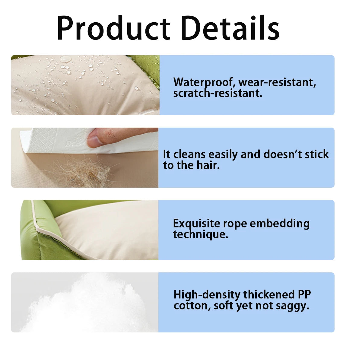 Product details of a waterproof, wear-resistant, and scratch-resistant material with text on its properties.