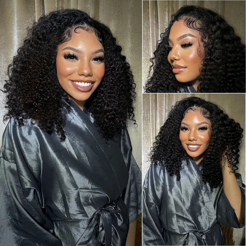 Woman with styled hair wearing a satin robe, shown from different angles.