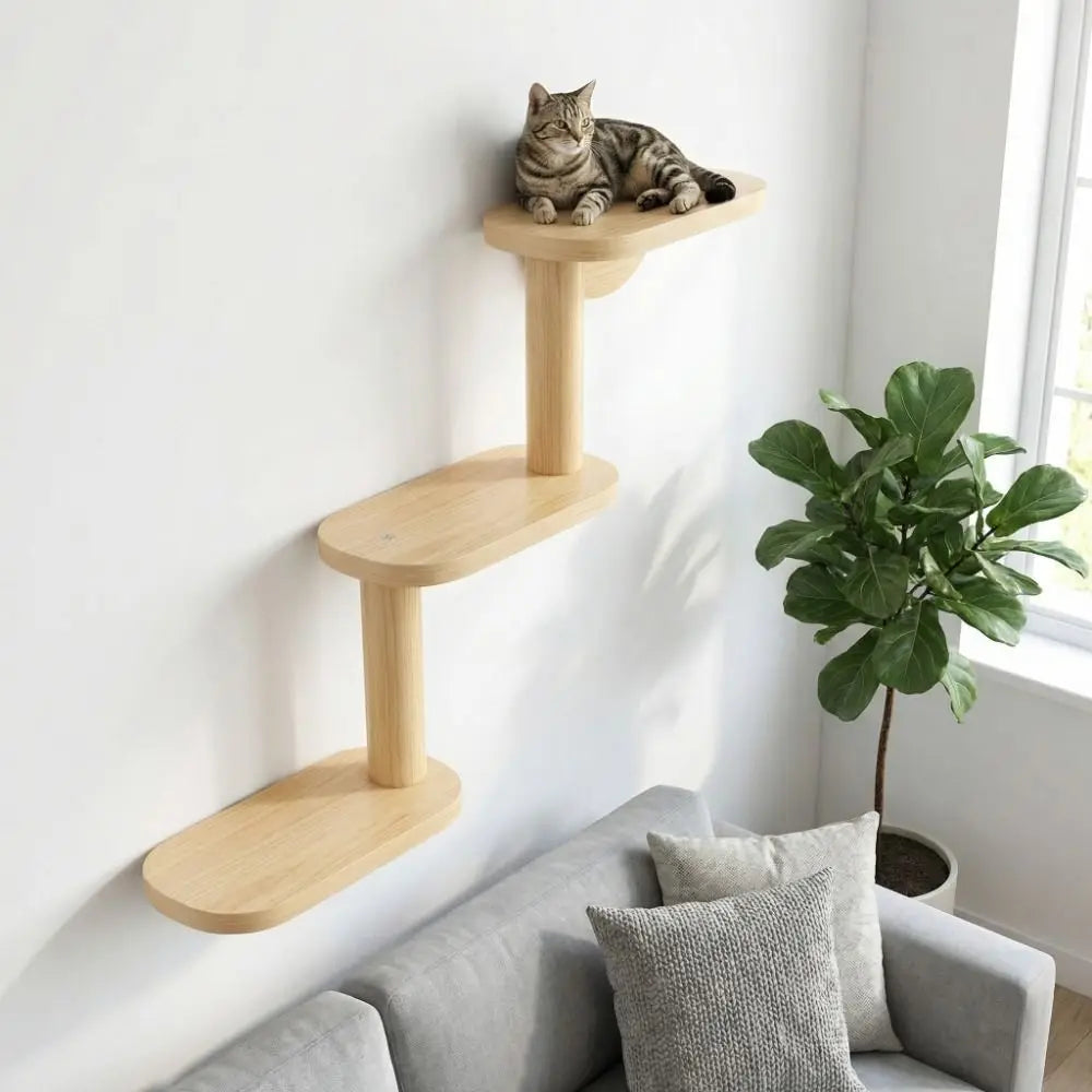 A three-tier wooden cat tree mounted on a white wall in a bright living room, with a tabby cat resting on the top platform. A gray sofa, textured pillows, and a potted green plant are visible below.