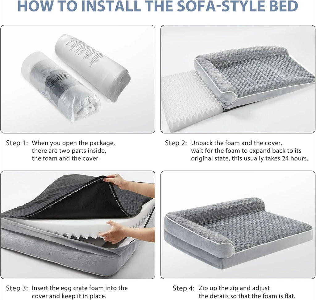 Step-by-step guide on how to install a sofa-style bed with images and text instructions.