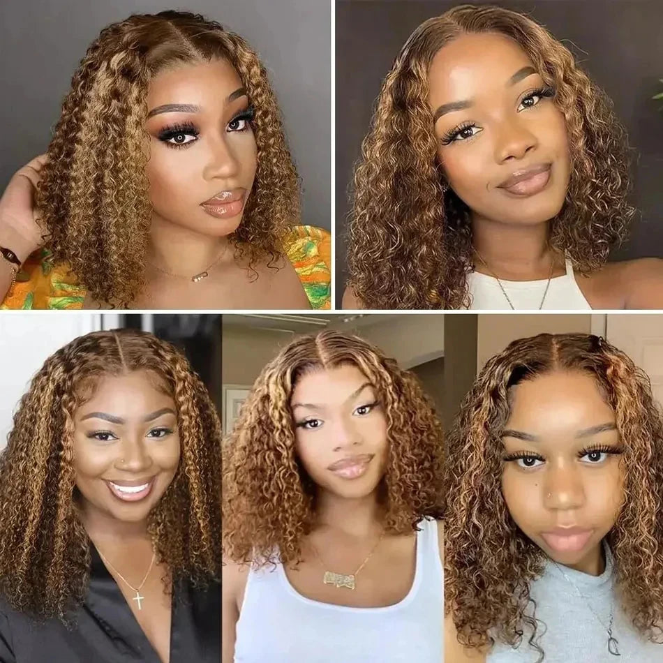 A four-panel collage showing a woman wearing a curly wig from different angles and in different indoor settings. The product appears to be a medium-length, voluminous, curly wig with warm brown to honey-blonde highlights and dark roots.