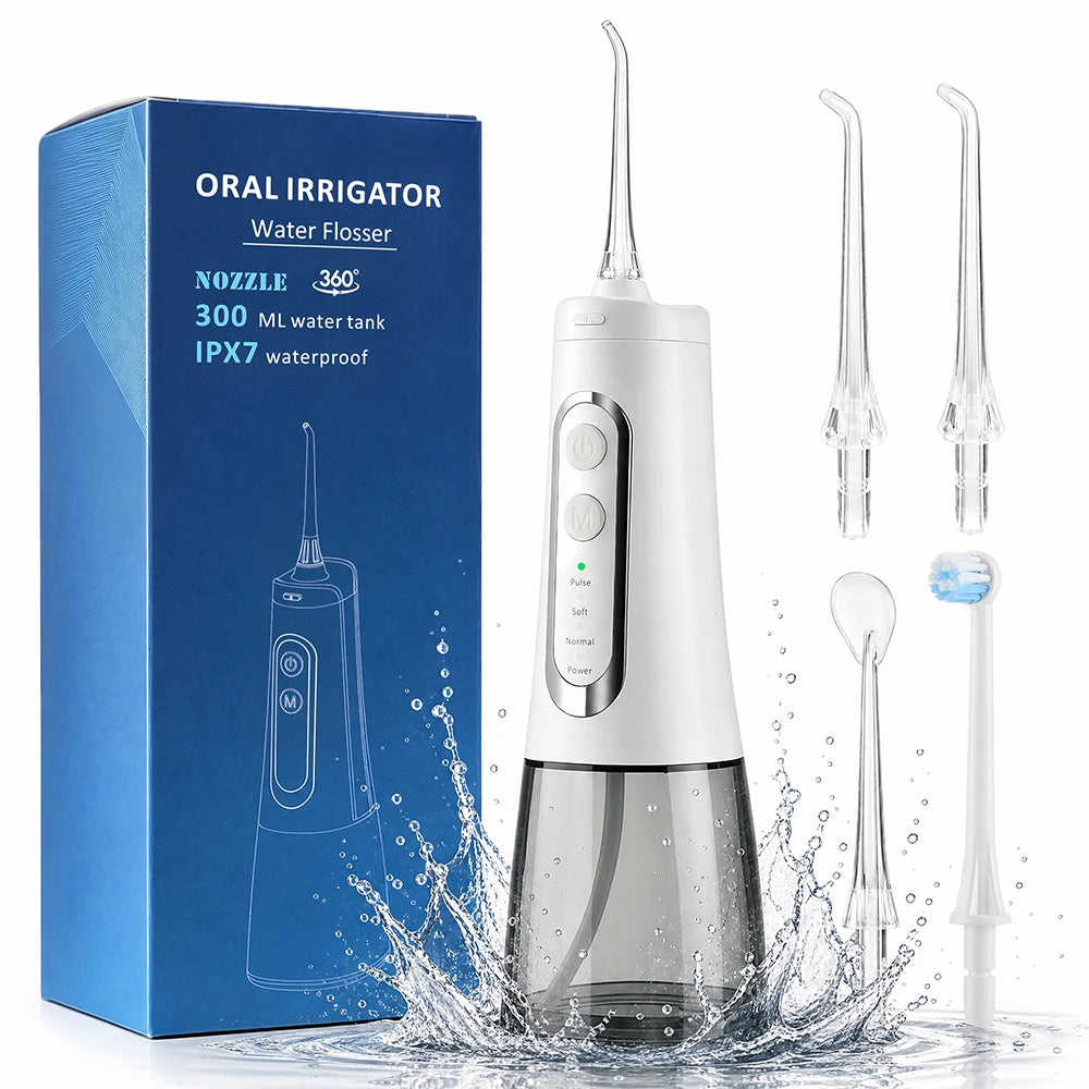 A white and clear oral irrigator water flosser with multiple nozzle tips and a cleaning head, shown next to its blue retail box on a white background with water splash graphics.