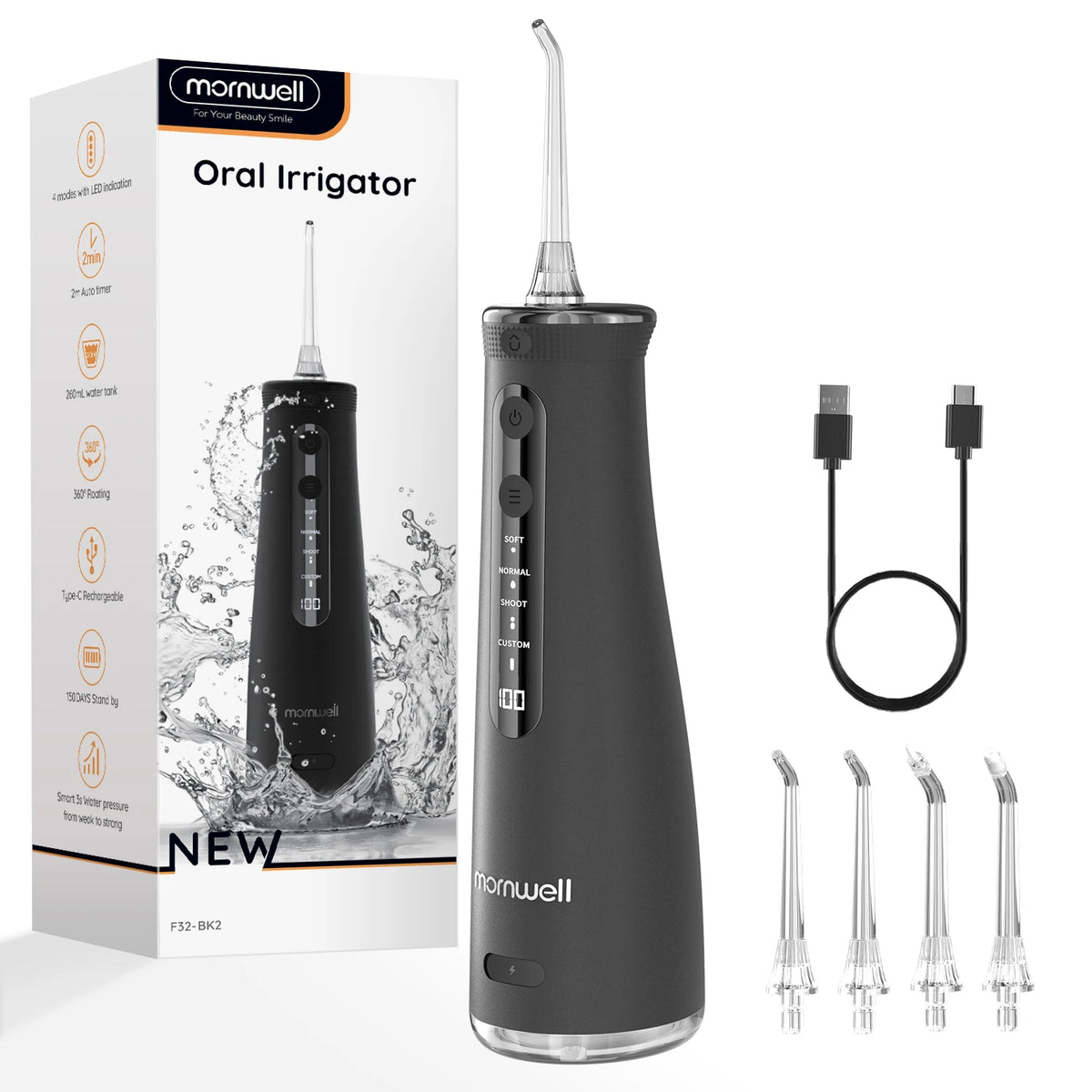 Black oral irrigator with packaging and additional nozzles on a white background