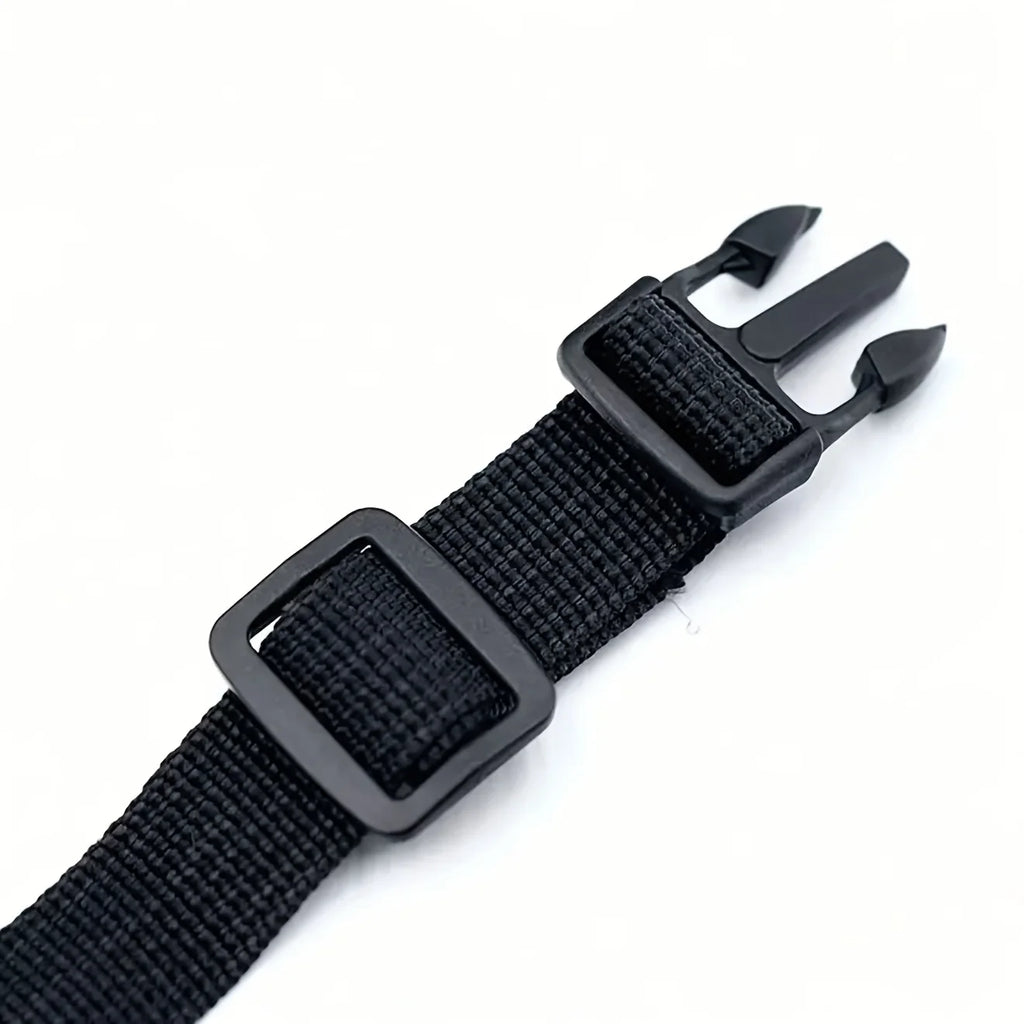 Black woven belt with two black plastic buckles on a white background