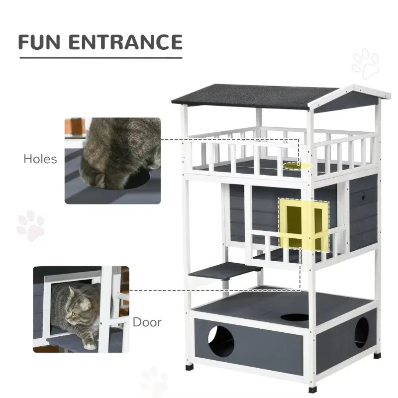 Cat playhouse with features highlighted, including a door and holes, on a white background.