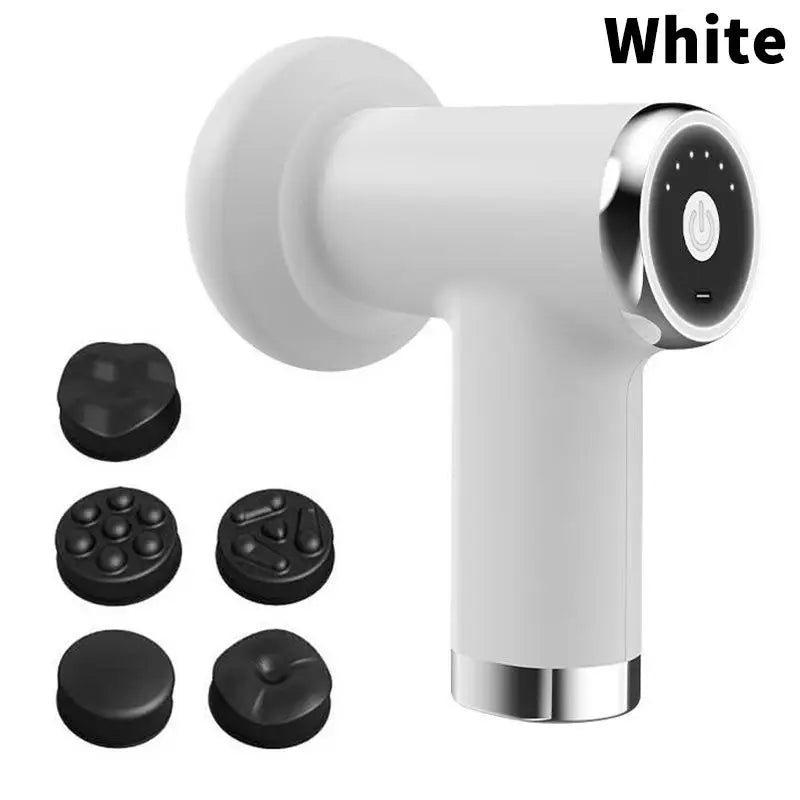 White handheld massage gun with a circular control panel and six black attachment heads, shown on a white background with the word 'White' in the top right corner.