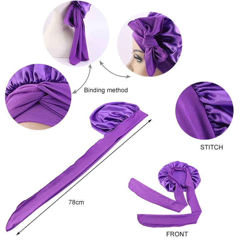 Purple satin headband with various application methods and measurements on a white background