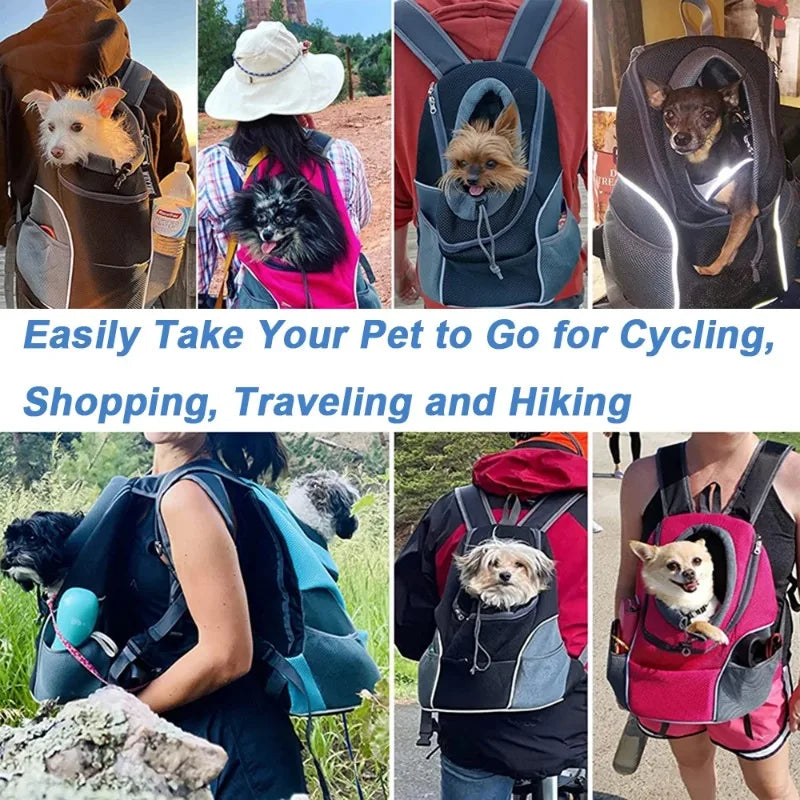 Hands-Free Dog Backpack Carrier | Breathable Front Pack Travel Bag with Adjustable Safety Harness | Reflective Leg-Out Pet Shoulder Pouch for Hiking and Walking