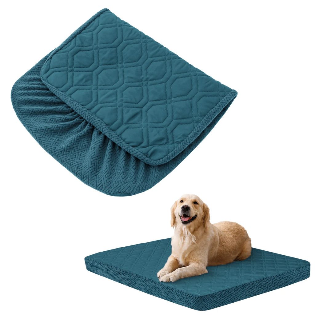 Teal quilted pet bed with a dog lying on it on a white background