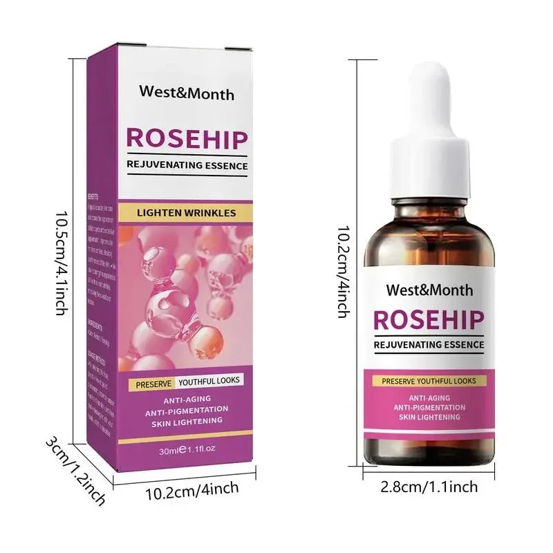 West&Month Rosehip Rejuvenating Essence shown with its retail box and dropper bottle, including printed dimension labels on a white background.