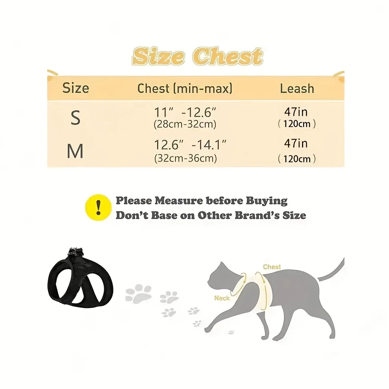 Size chart for a pet harness with chest measurements and leash lengths.
