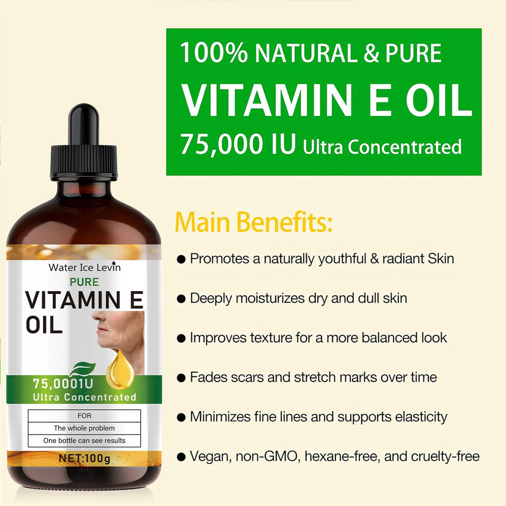 Bottle of vitamin E oil with label and dropper on a beige background