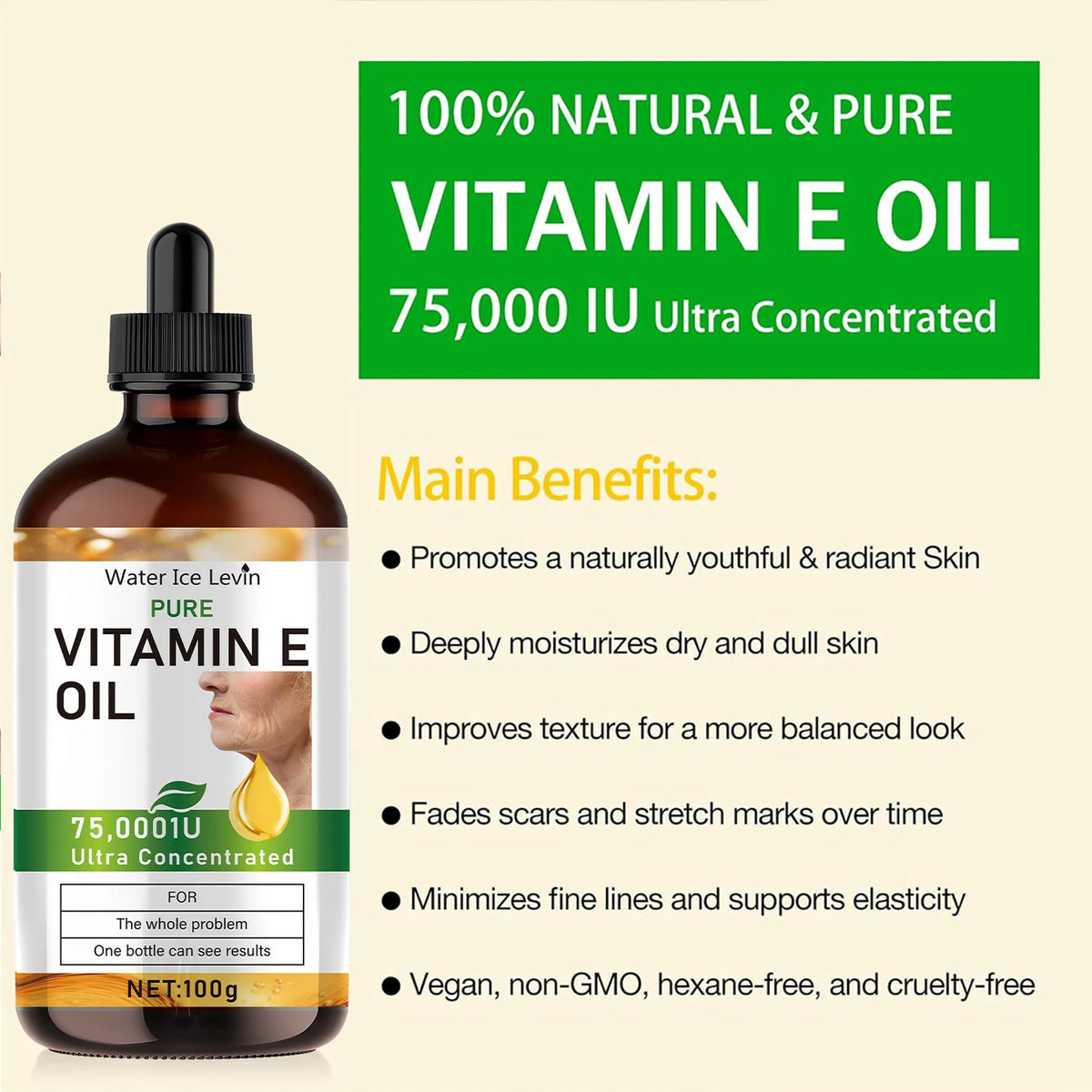 Bottle of vitamin E oil with label and dropper on a beige background