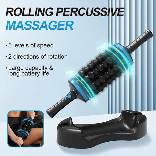 Rolling percussive massager with charging station on a light blue background