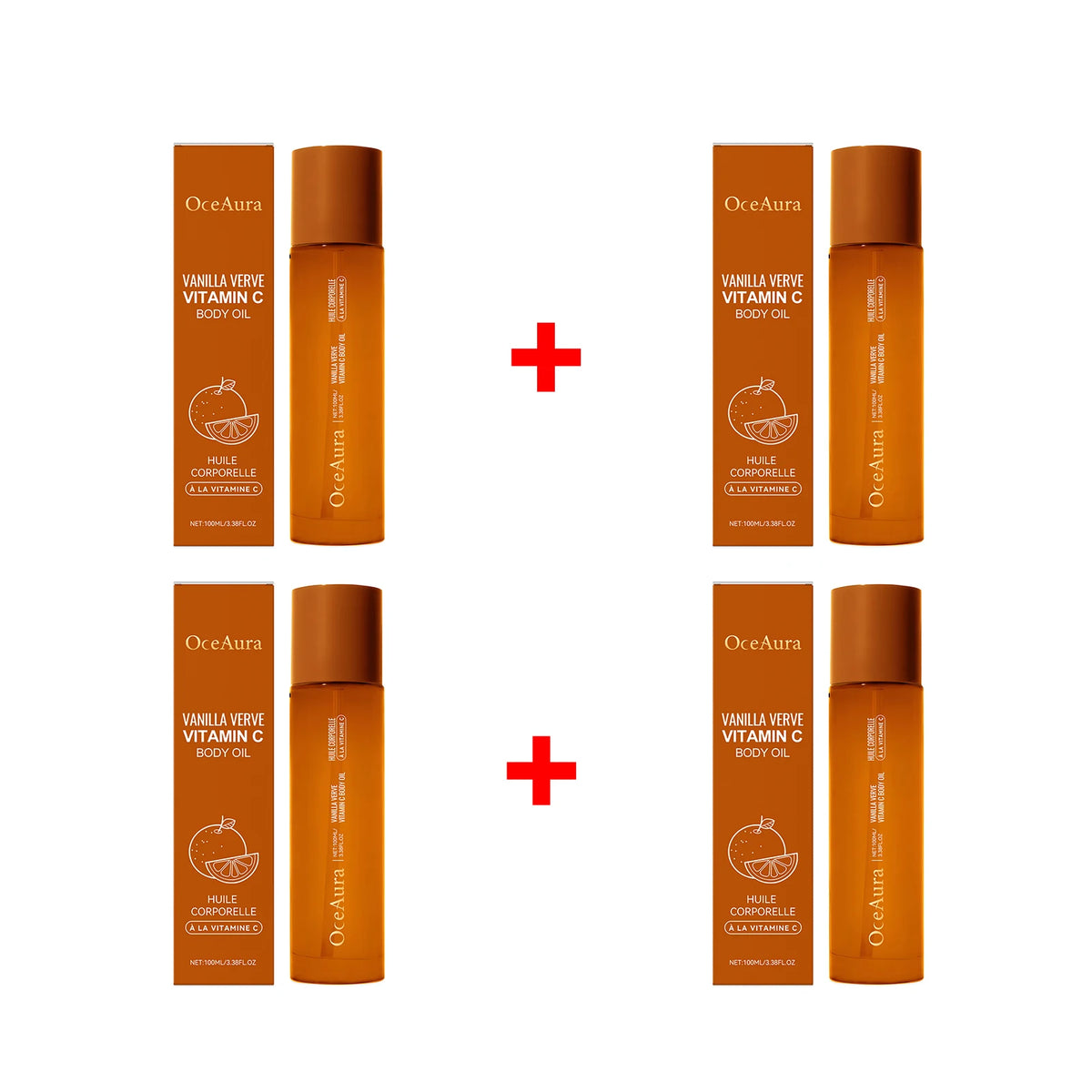 OceAura Vanilla Verve Vitamin C body oil with packaging on a white background