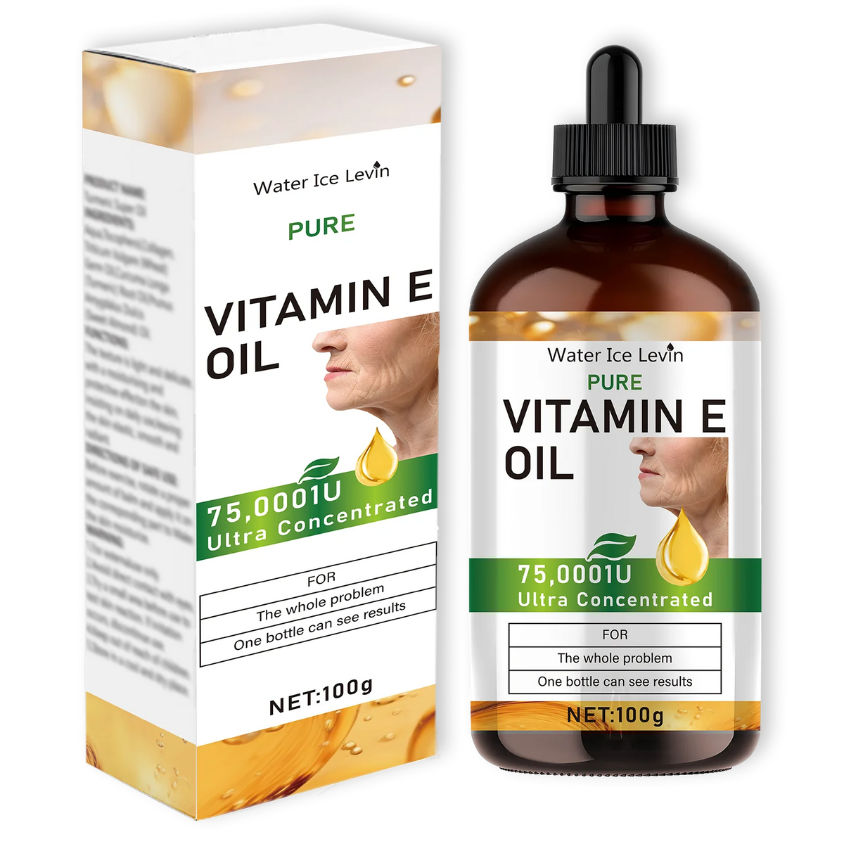 Vitamin E oil bottle and packaging on a white background