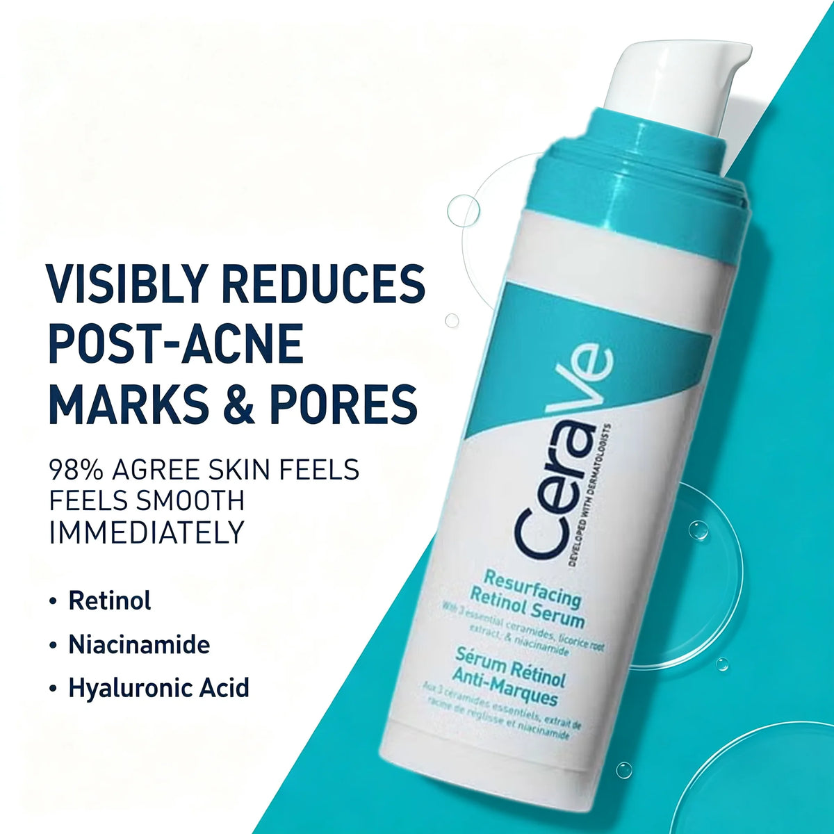 CeraVe Resurfacing Retinol Serum bottle in white and teal, shown on a clean graphic background with marketing text about reducing post-acne marks and pores.
