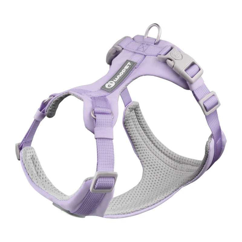 Lavender dog harness with gray accents on a white background