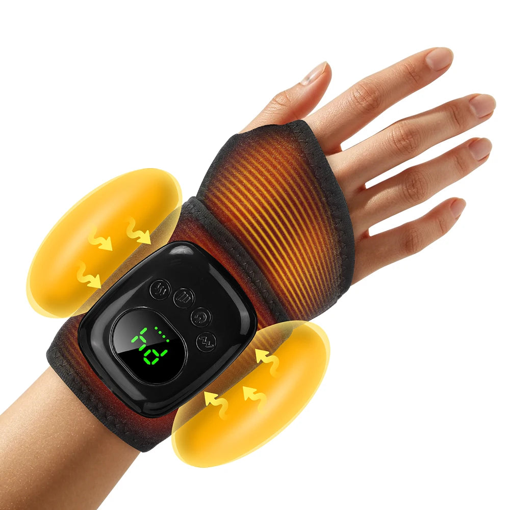 A wrist and hand warmther device shown on a person's hand, with yellow heat-effect graphics highlighting the warm zones. The product is a black and dark brown fabric wrap with a digital temperature display on the front.