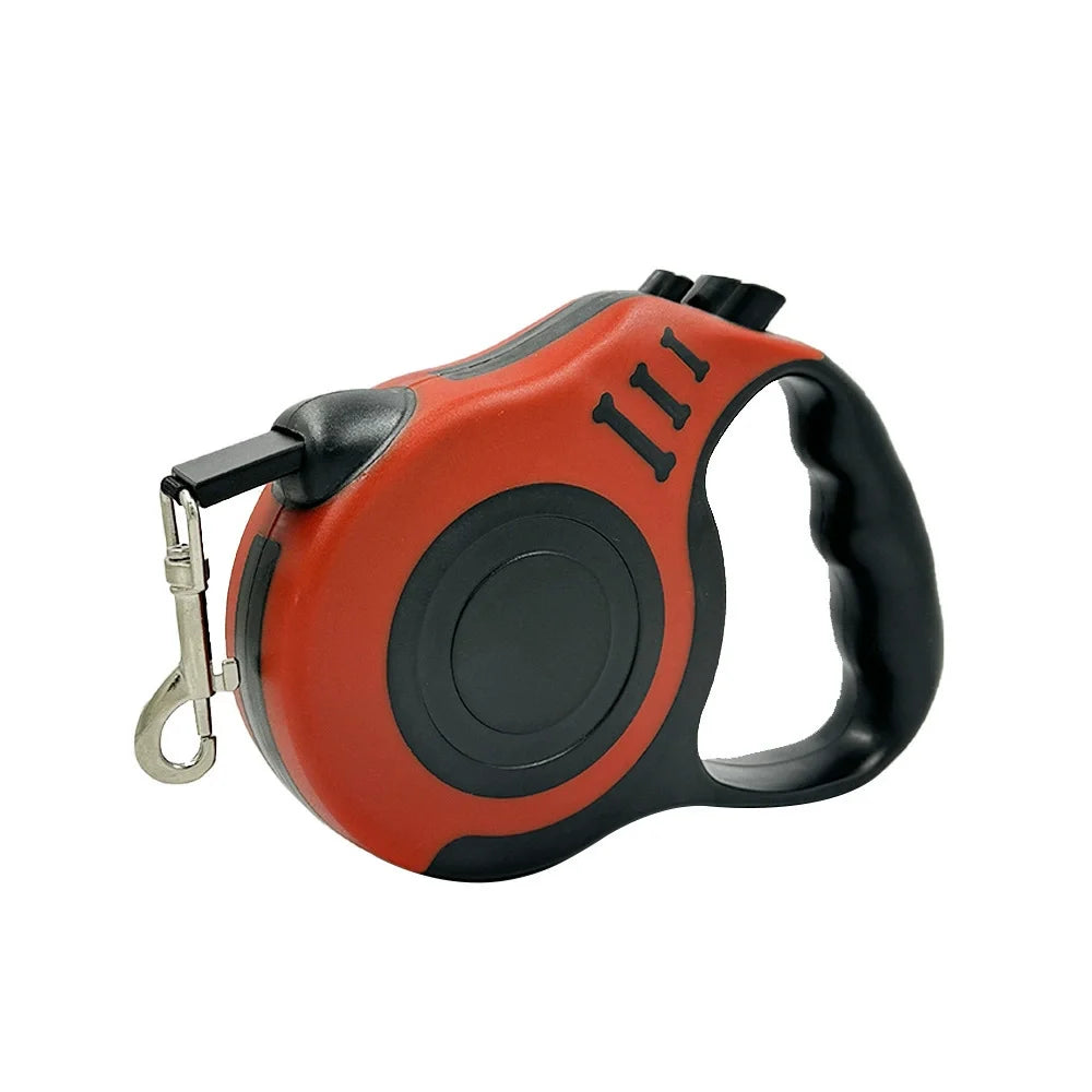 Red and black retractable dog leash on a white background