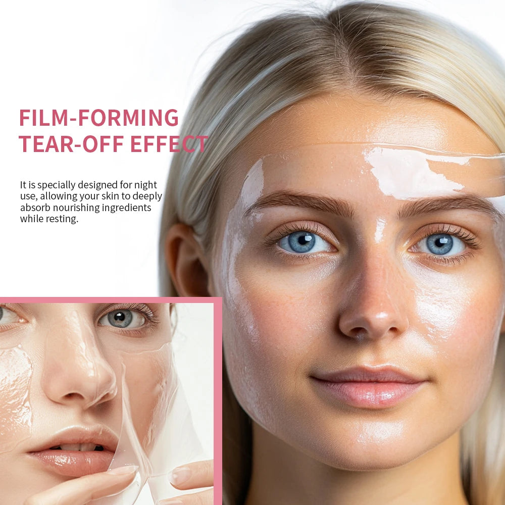 Woman with a film-forming tear-off effect skincare product on her face.