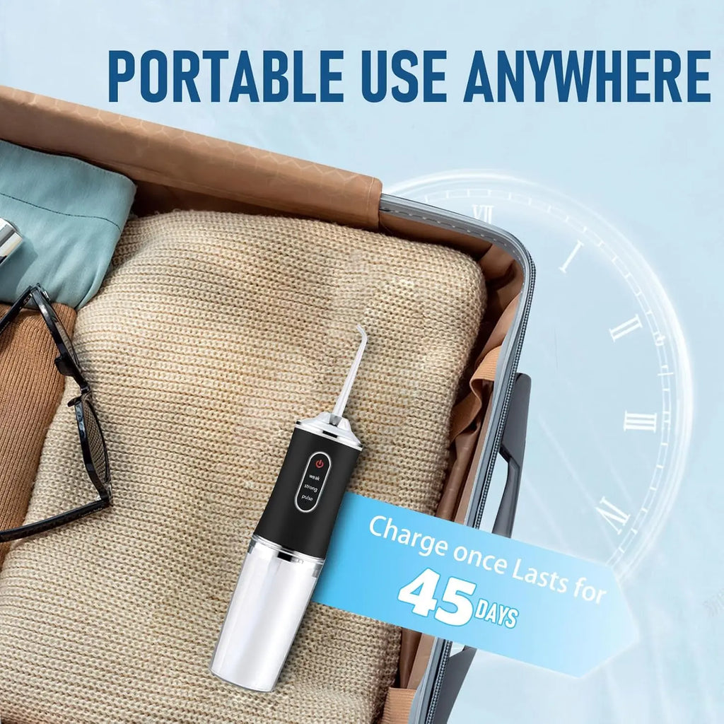 Portable electronic device on a suitcase with text highlighting portability and battery life.