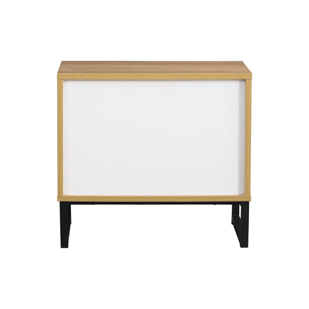 Wooden nightstand with white drawer on a white background