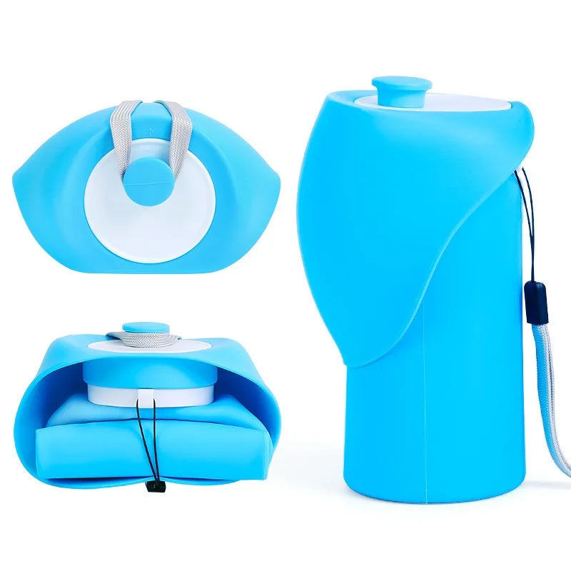 Blue inflatable seat with multiple views on a white background