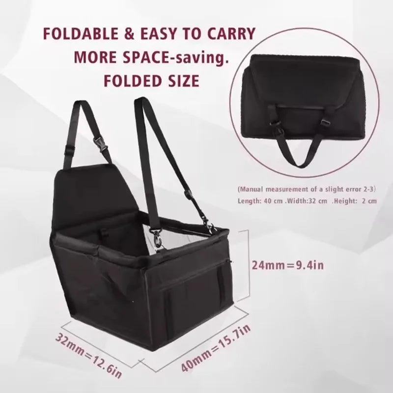 Portable Foldable Dog Car Safety Seat | Breathable Waterproof Pet Travel Booster Basket | Heavy-Duty Car Riding Box with Built-In Safety Strap for Dogs and Cats