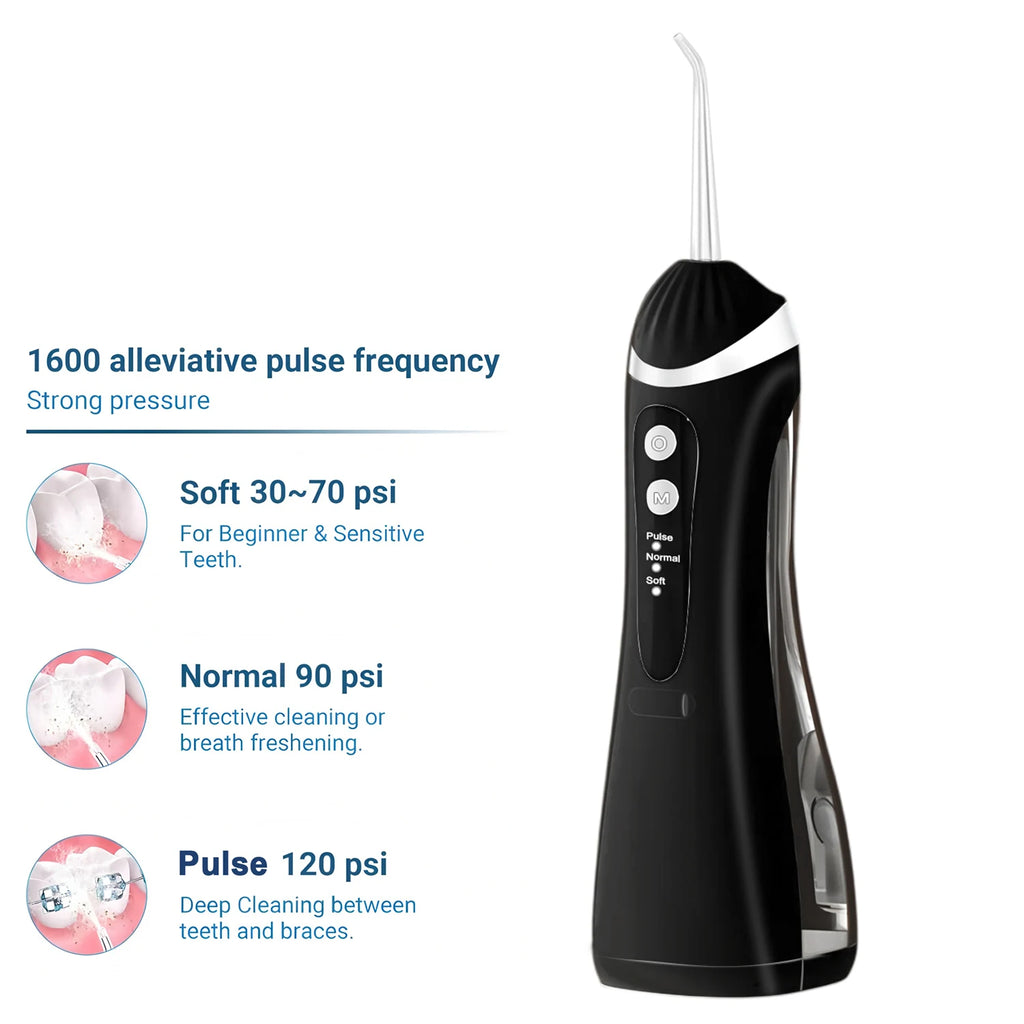 Black dental water flosser with pressure settings on a white background